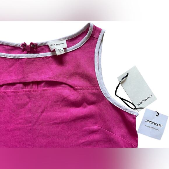 FORCYNTHIA Womens/Teen Pink Linen Dress Chest CutOut White Border Size XS Prep - Picture 3 of 5